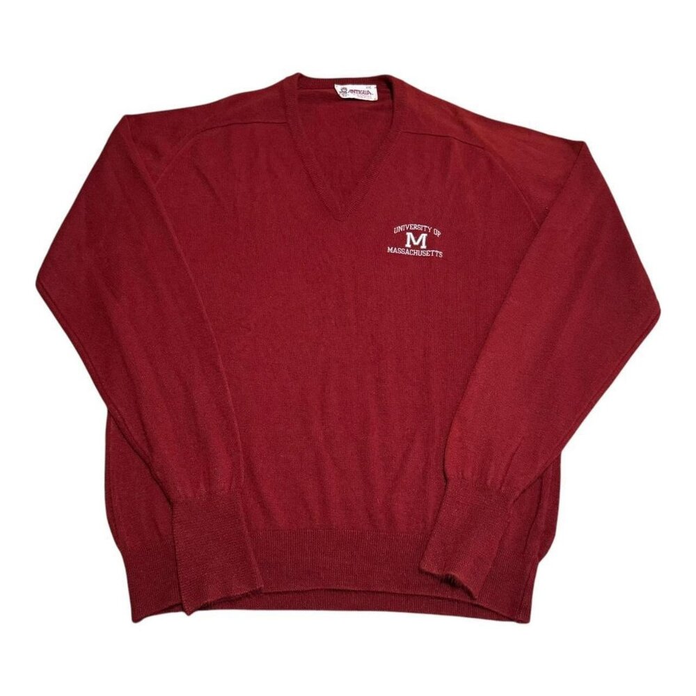 Vintage‎ 80s Antigua University of Massachusetts Red V-Neck Sweater Adult 2XL